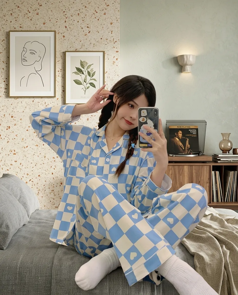 Checkered Women’s Pajama Set With Heart Print – 2-Piece Sleepwear