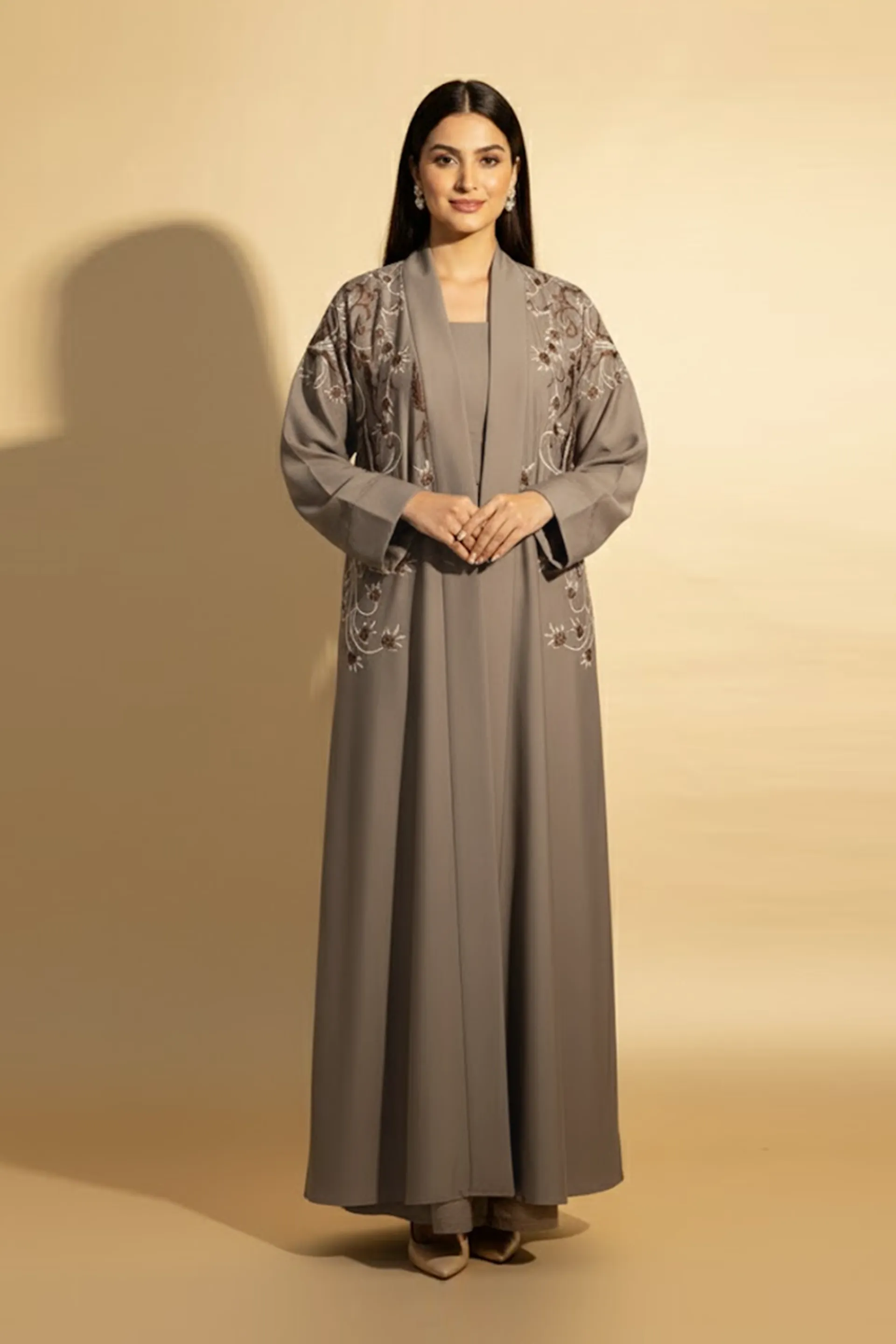 Elegant Embroidered 2 Piece Abaya Set For Women Muslim Wear Arabic Open Abaya With Inner Dress