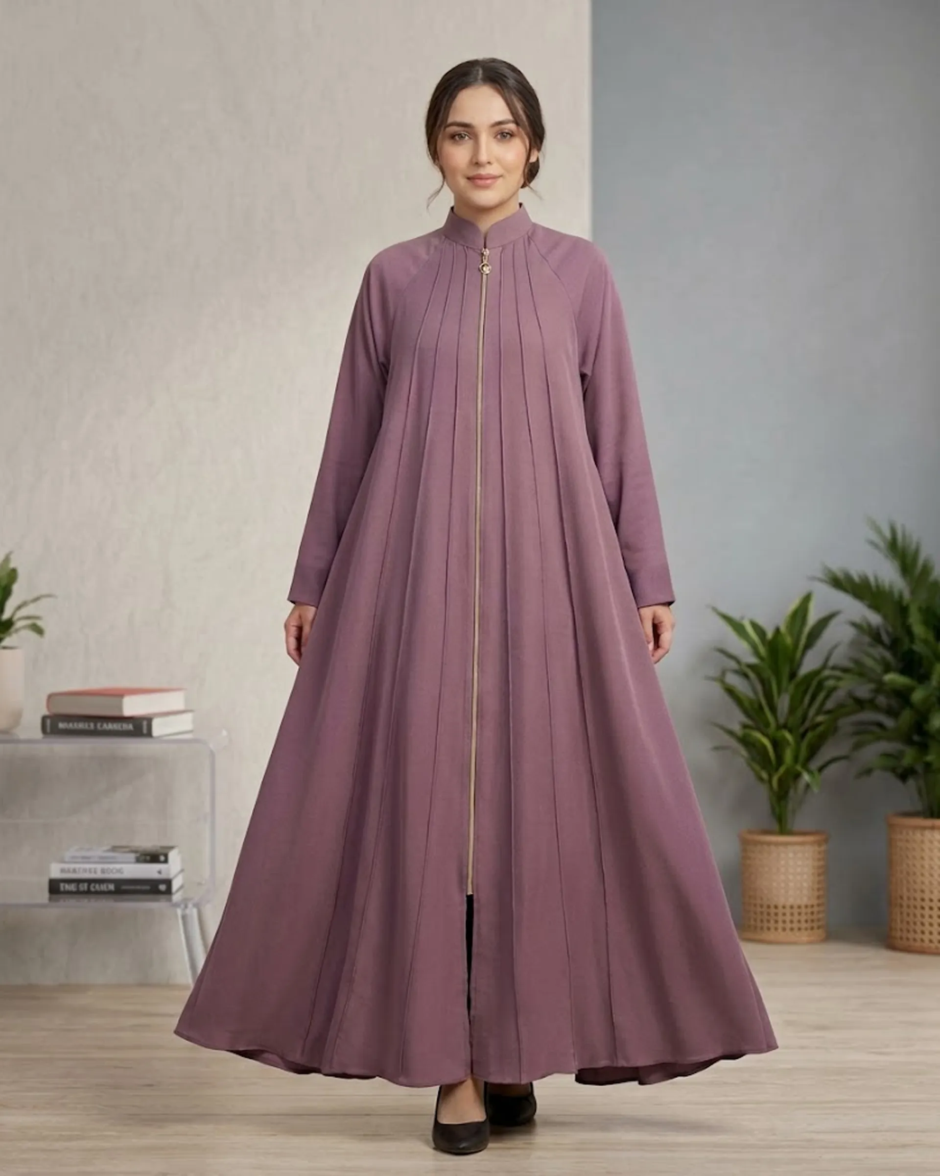 Women’s High-Neck Zipper Pleated Dusty Purple Abaya With Scarf