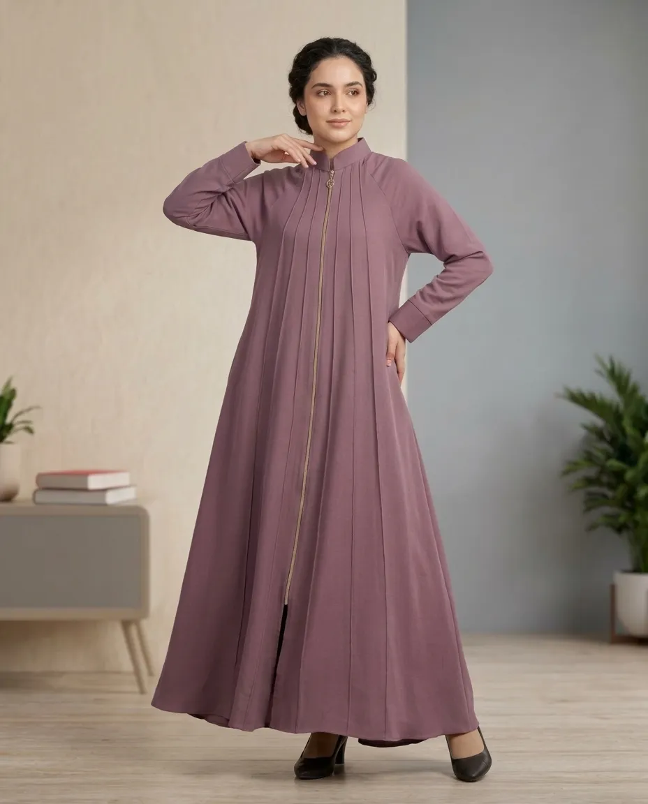 Women’s High-Neck Zipper Pleated Dusty Purple Abaya With Scarf