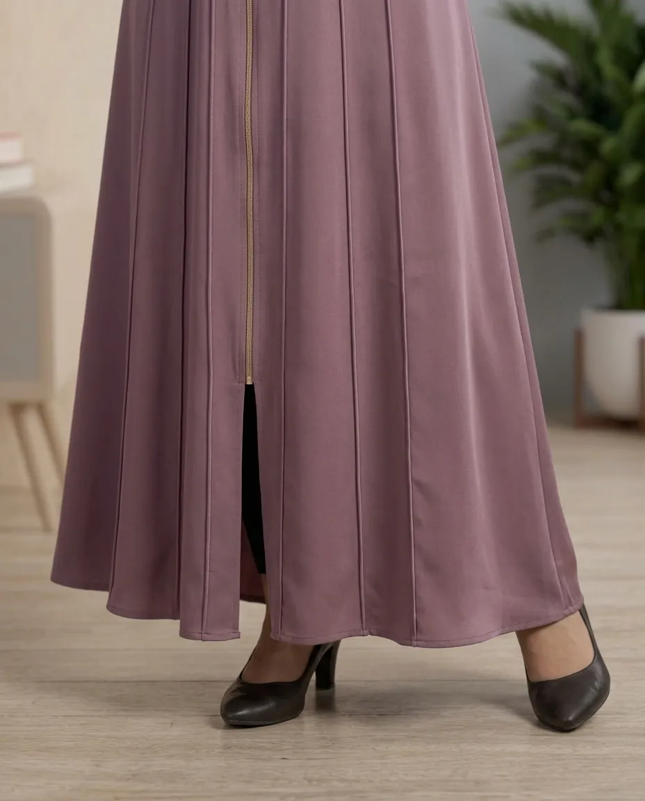 Women’s High-Neck Zipper Pleated Dusty Purple Abaya With Scarf