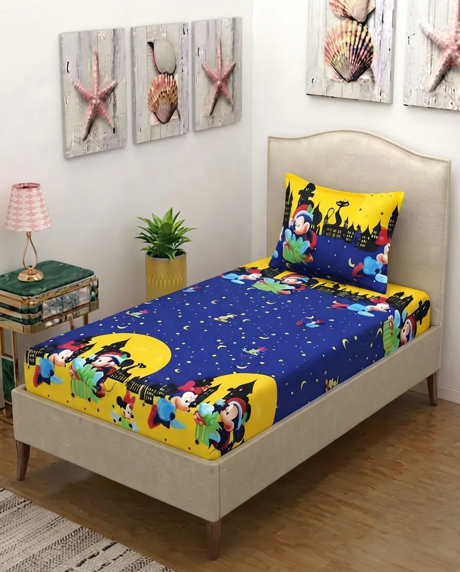Single Bed Fitted Elastic Sheet with Matching One Pillow Cover Easy Wear Quality Fabric