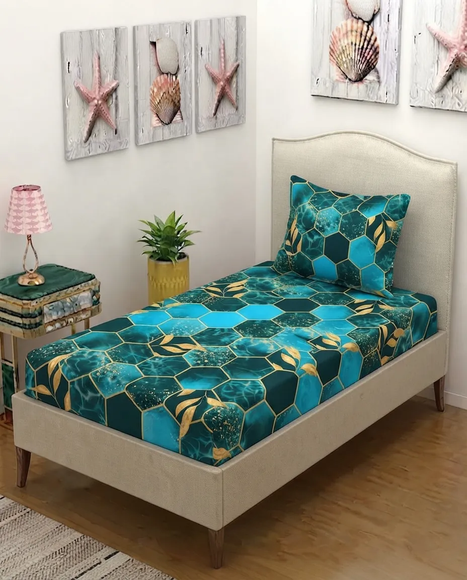 Teal Hexagon Leaf Single Bedsheet Quality Fabric With 1 Pillow Covers - 150 x 230cm