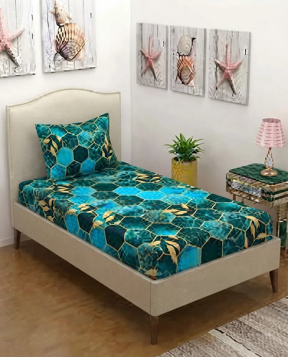 Teal Hexagon Leaf Single Bedsheet Quality Fabric With 1 Pillow Covers - 150 x 230cm