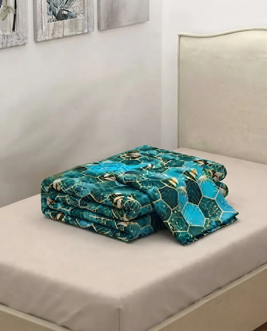 Teal Hexagon Leaf Single Bedsheet Quality Fabric With 1 Pillow Covers - 150 x 230cm