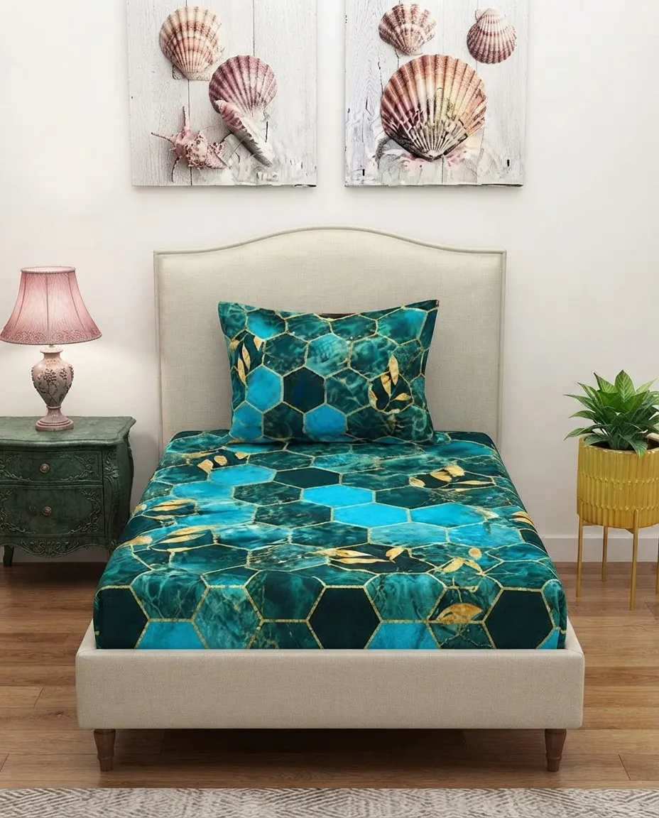 Teal Hexagon Leaf Single Bedsheet Quality Fabric With 1 Pillow Covers - 150 x 230cm