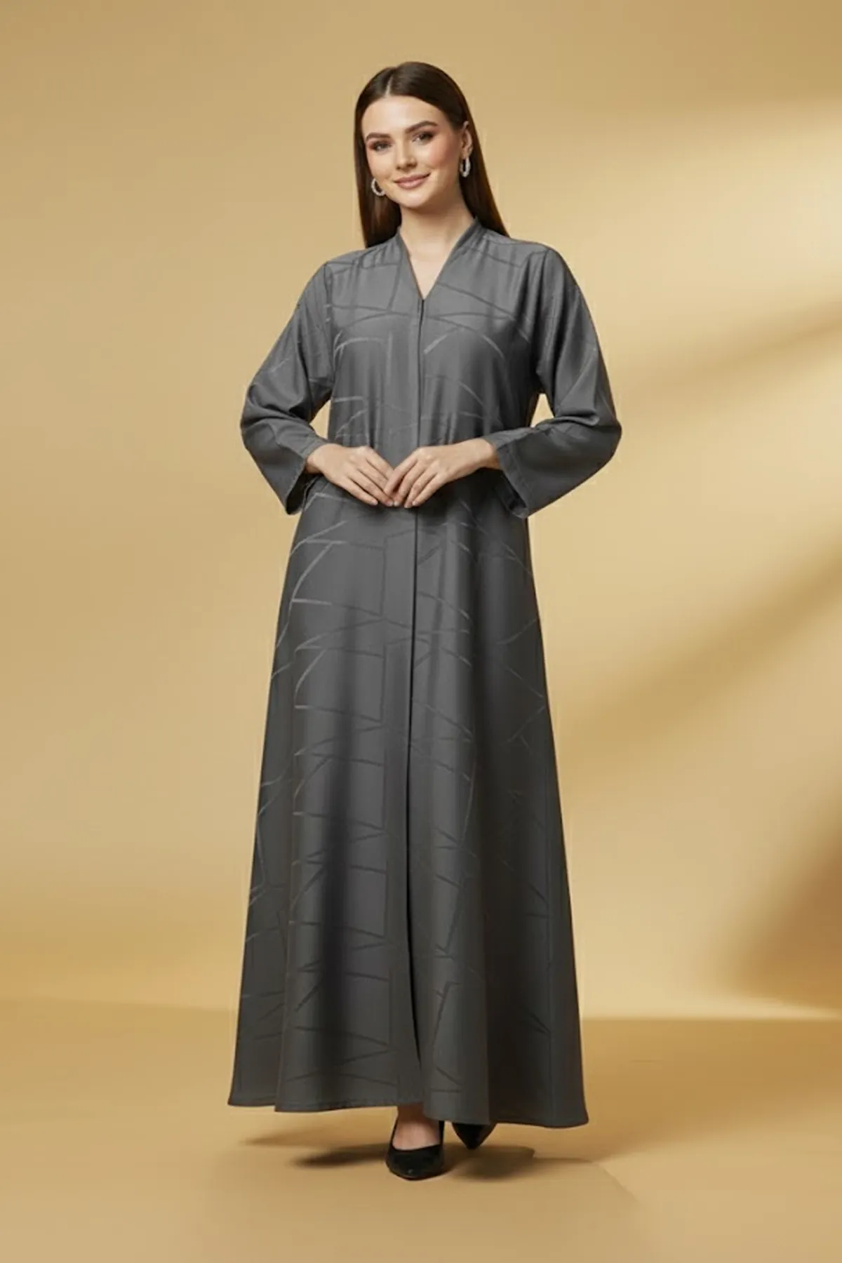 Modern V-neck Maxi Muslim Abaya Geometric Pattern Quality Fabric Long Sleeve A-line Womens Abaya