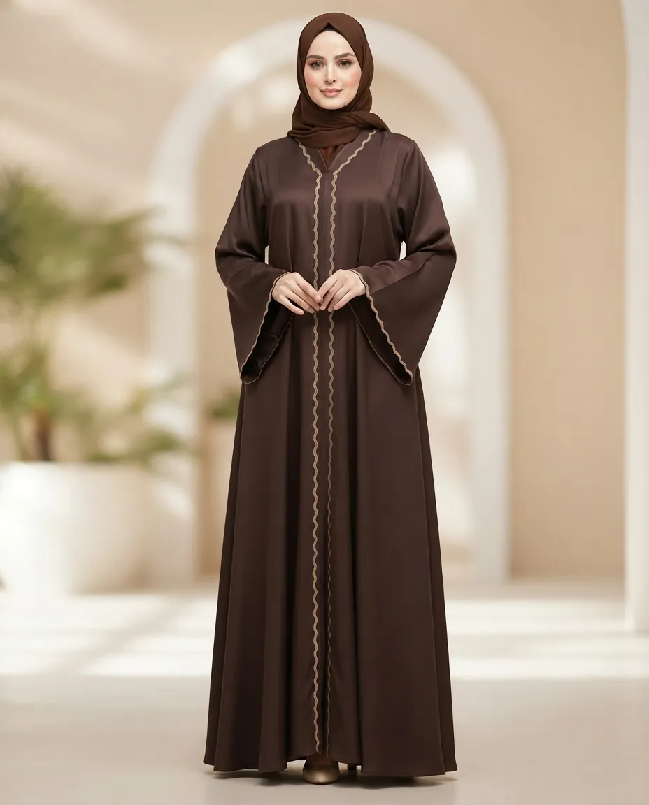 Premium Women’s Abaya with Wide Sleeves & V-Neck Front-Closed Modest Umbrella Abaya for Daily Wear