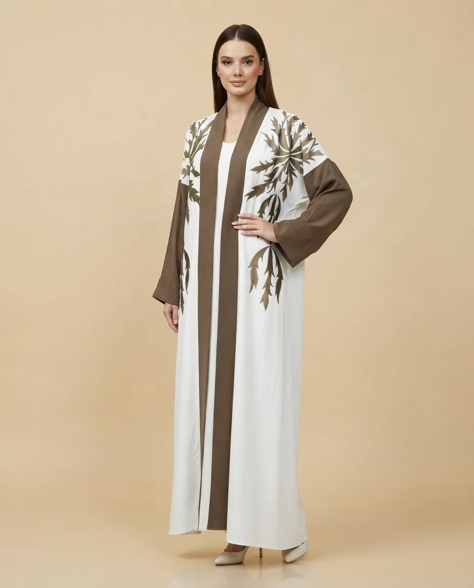 Luxury White & Brown 3-Piece Abaya Set with Sheila And Inner Leaf Embroidery