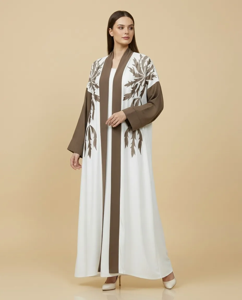 Luxury White & Brown 3-Piece Abaya Set with Sheila And Inner Leaf Embroidery