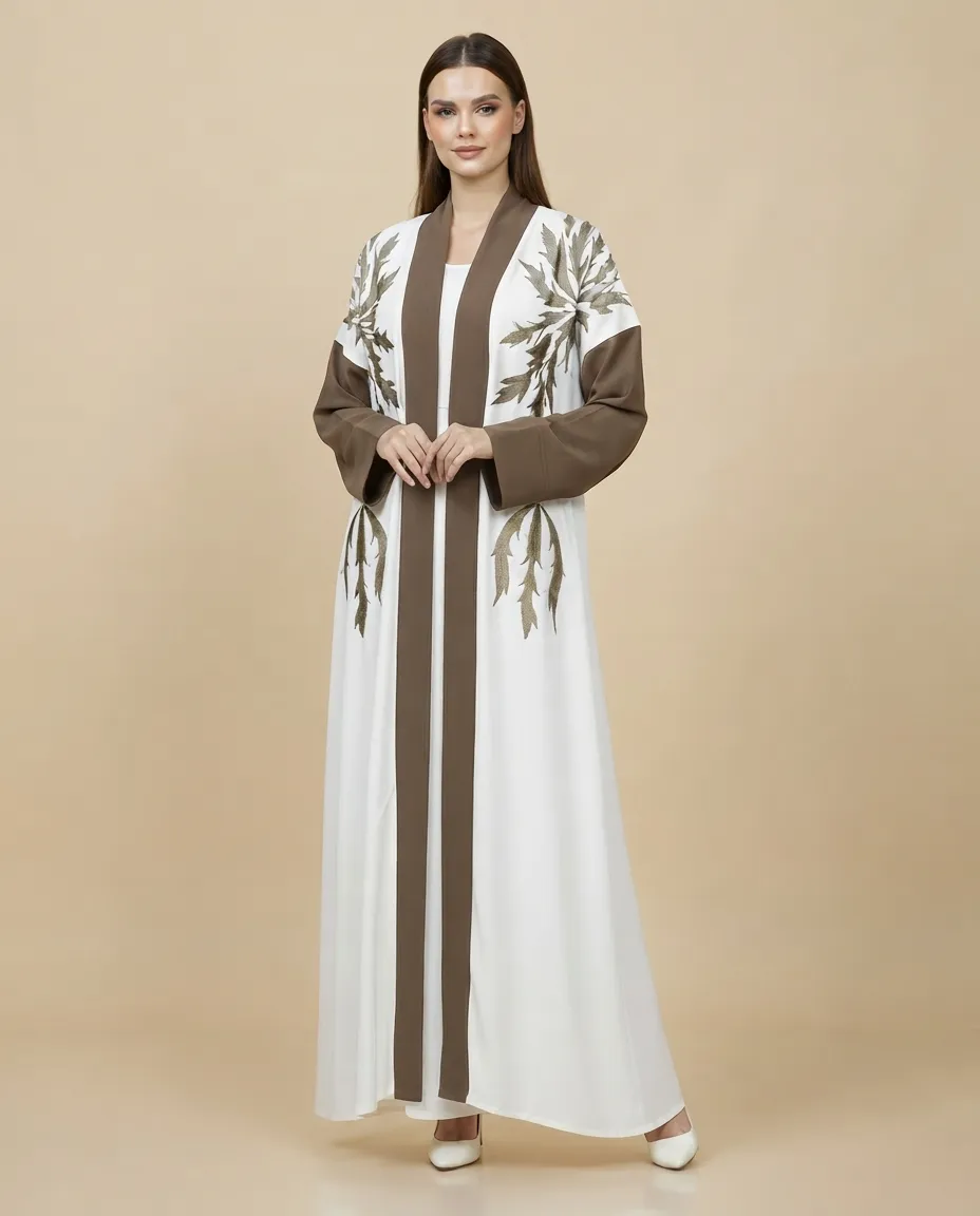 Luxury White & Brown 3-Piece Abaya Set with Sheila And Inner Leaf Embroidery