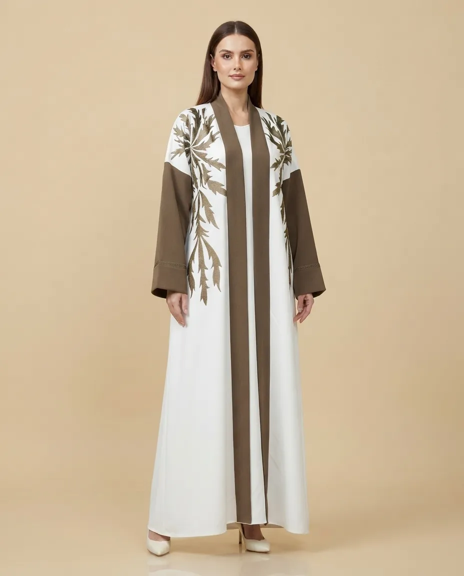 Luxury White & Brown 3-Piece Abaya Set with Sheila And Inner Leaf Embroidery