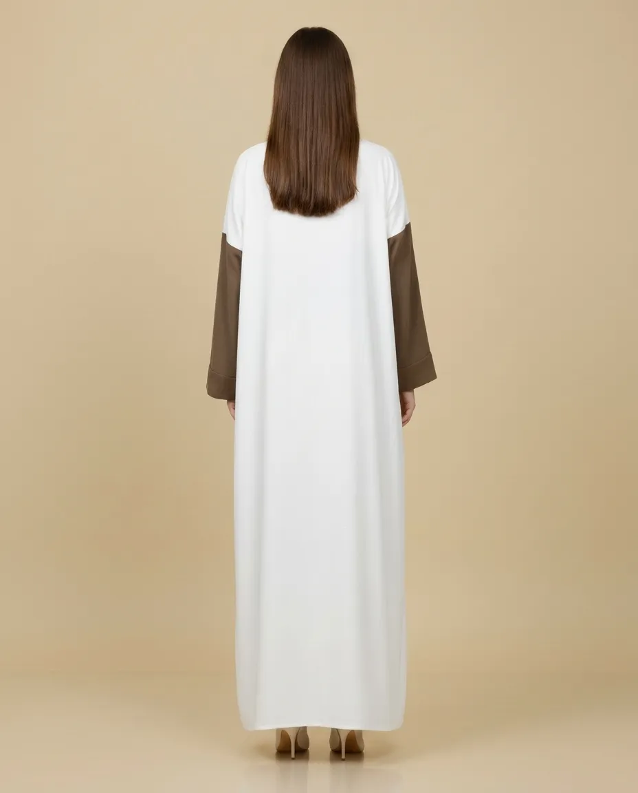 Luxury White & Brown 3-Piece Abaya Set with Sheila And Inner Leaf Embroidery