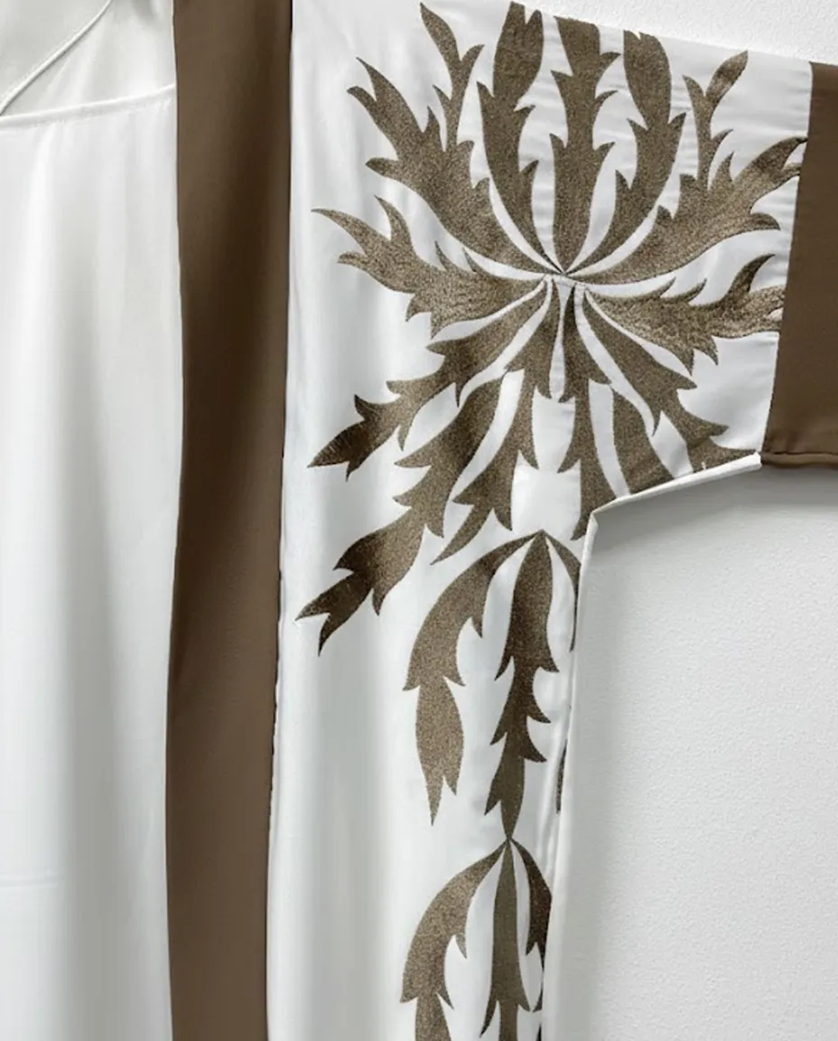 Luxury White & Brown 3-Piece Abaya Set with Sheila And Inner Leaf Embroidery