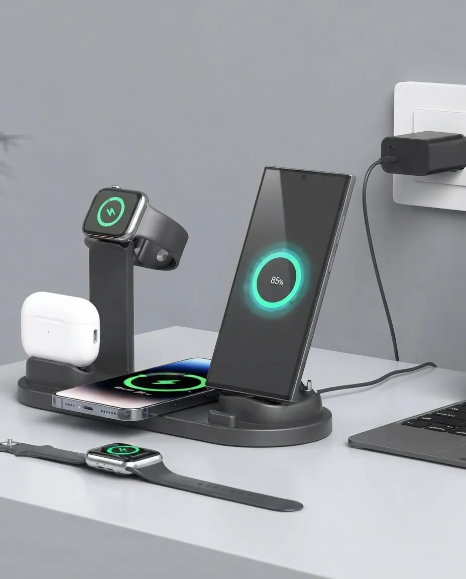 3-in-1 Wireless Charging Station for iPhone & Samsung Phone, Watch & Earbuds Charger Stand
