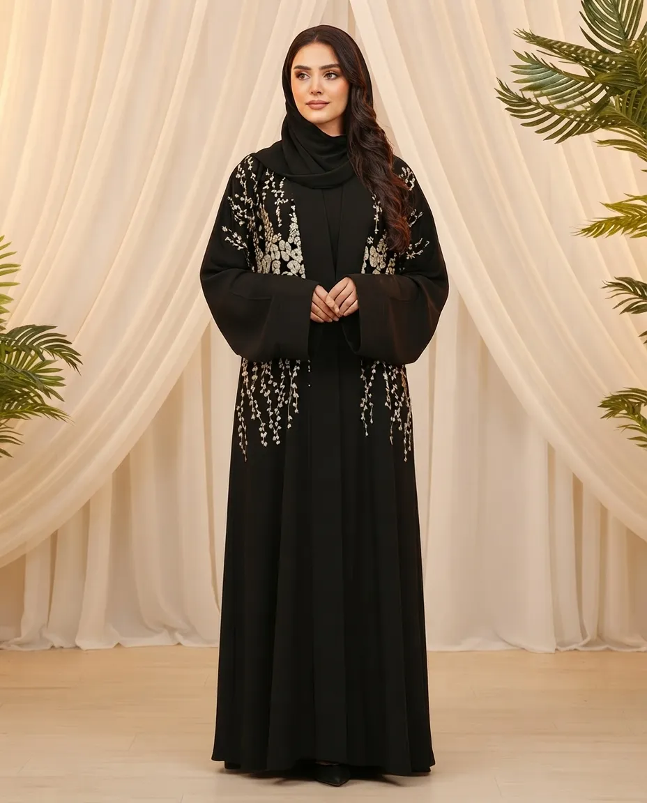 Women's Premium Black Embroidered 3-Piece Abaya Set With Inner And Sheila