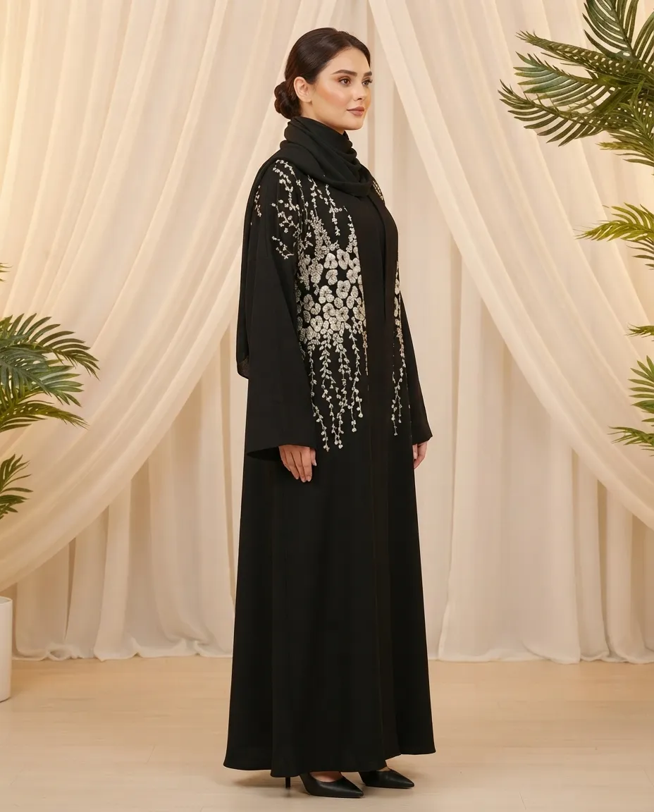 Women's Premium Black Embroidered 3-Piece Abaya Set With Inner And Sheila