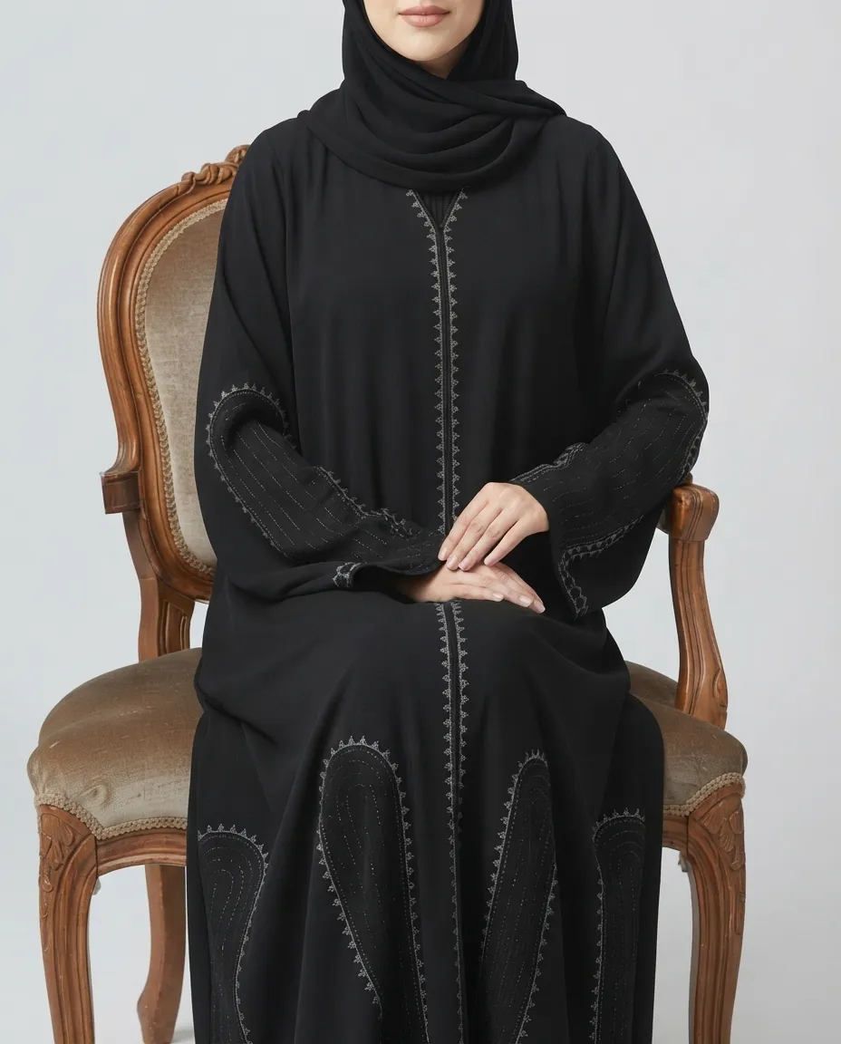 Premium Black V-Neck Rhinestone Embroidered Abaya With Sheila