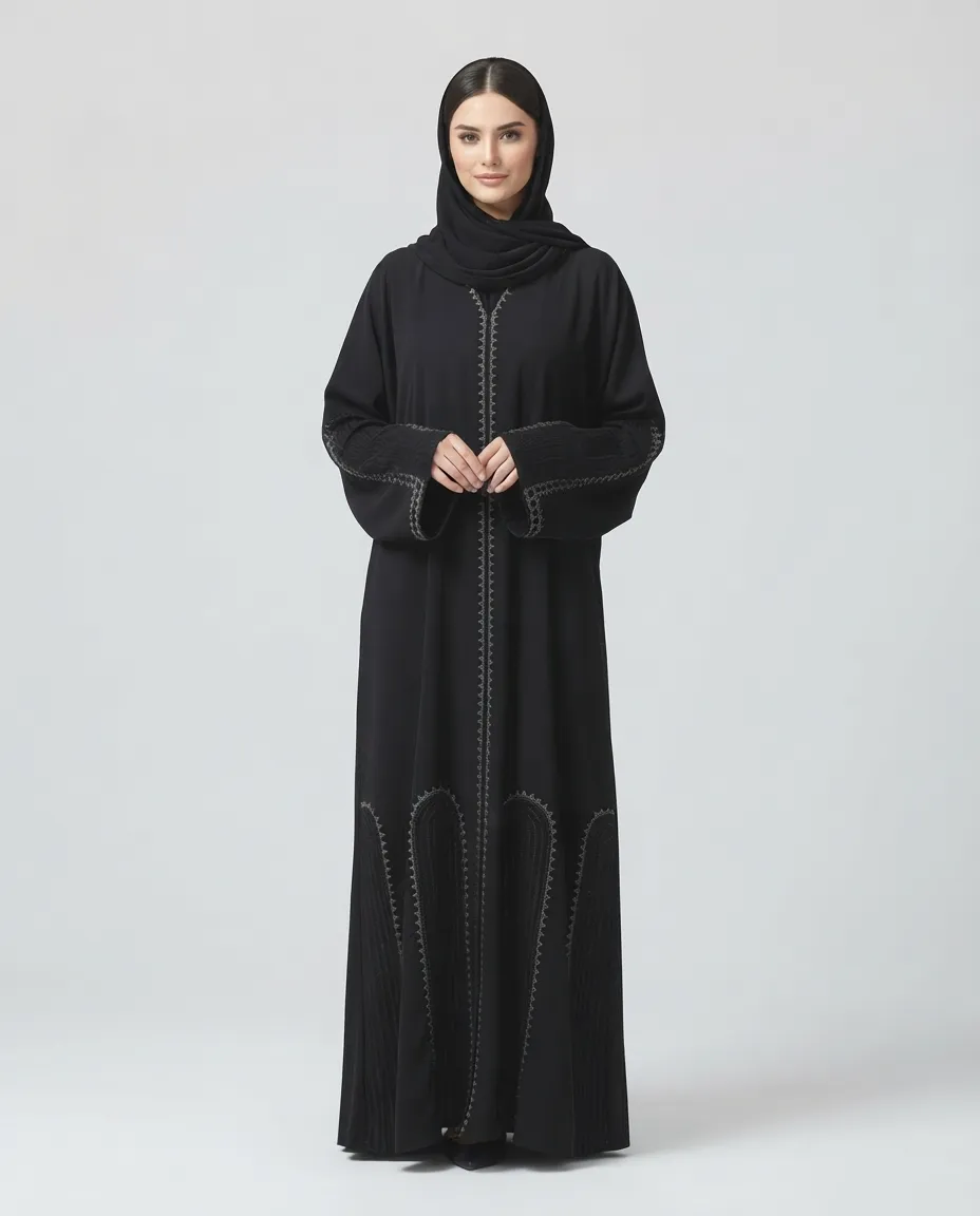 Premium Black V-Neck Rhinestone Embroidered Abaya With Sheila