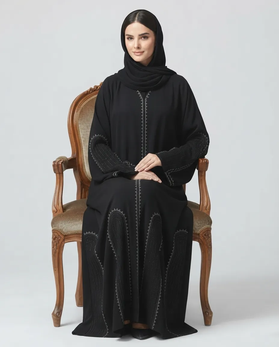 Premium Black V-Neck Rhinestone Embroidered Abaya With Sheila