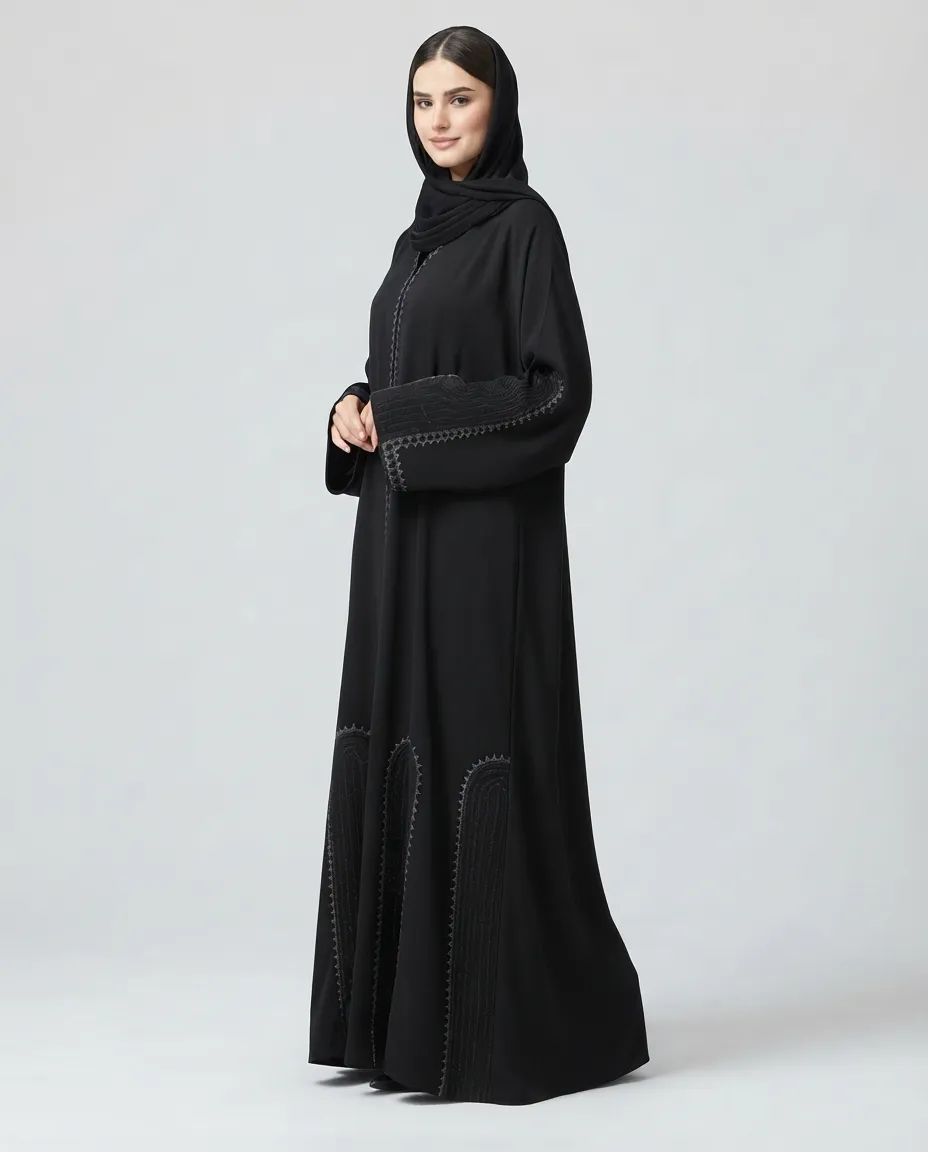 Premium Black V-Neck Rhinestone Embroidered Abaya With Sheila