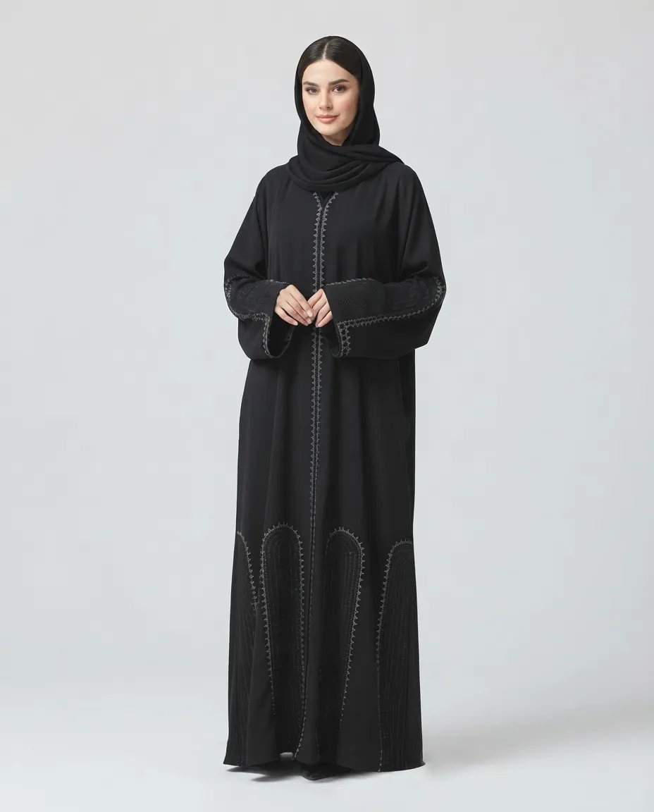 Premium Black V-Neck Rhinestone Embroidered Abaya With Sheila