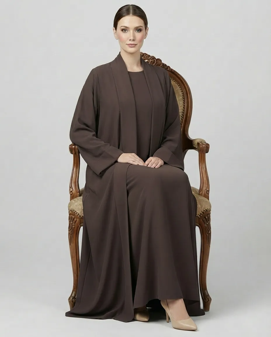 Coffee 3-Piece Open-Front Abaya Set with Inner Dress & Hijab