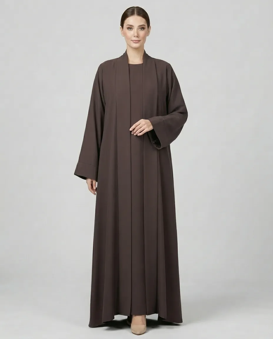 Coffee 3-Piece Open-Front Abaya Set with Inner Dress & Hijab