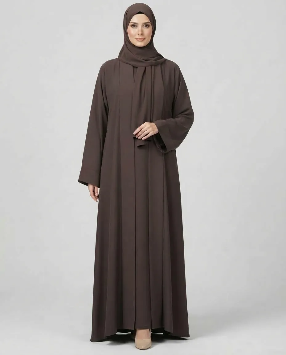 Coffee 3-Piece Open-Front Abaya Set with Inner Dress & Hijab