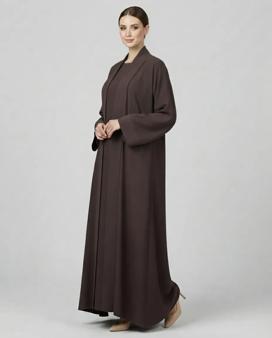 Coffee 3-Piece Open-Front Abaya Set with Inner Dress & Hijab