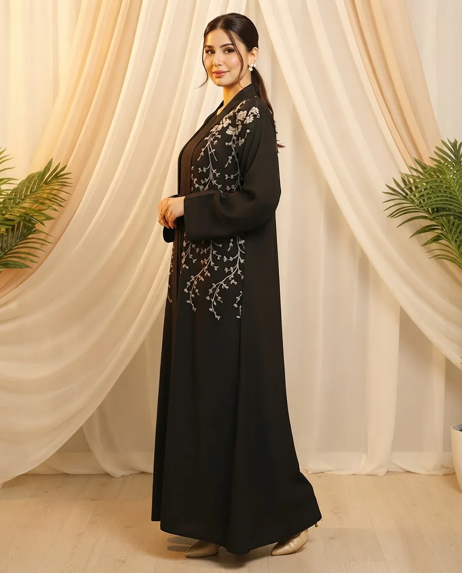 Black Fashion 3-Piece Premium Black Embroidered Abaya Set With Inner And Sheila