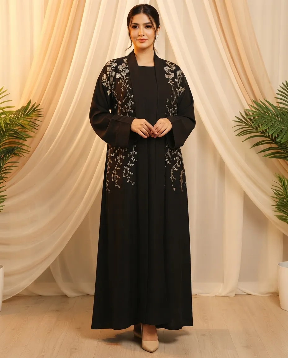 Black Fashion 3-Piece Premium Black Embroidered Abaya Set With Inner And Sheila