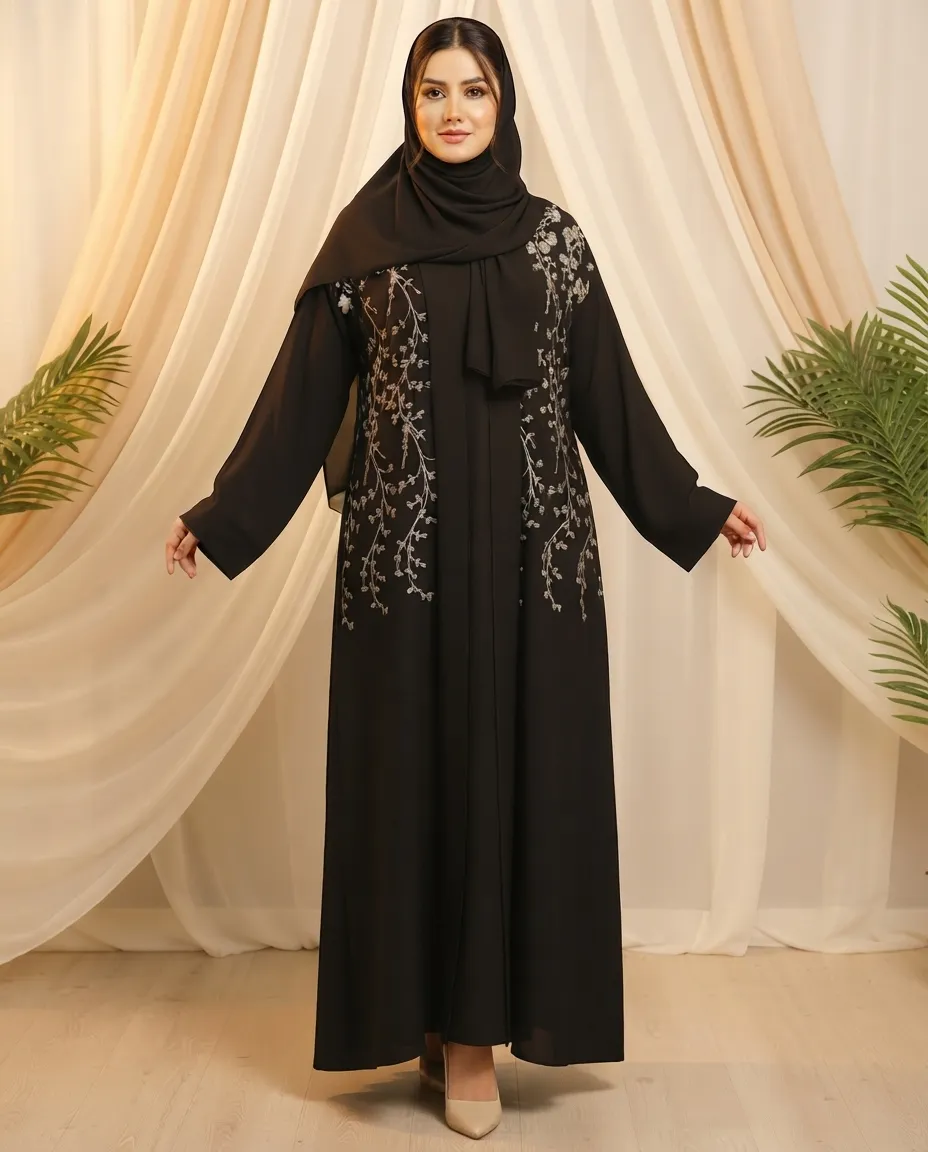 Black Fashion 3-Piece Premium Black Embroidered Abaya Set With Inner And Sheila