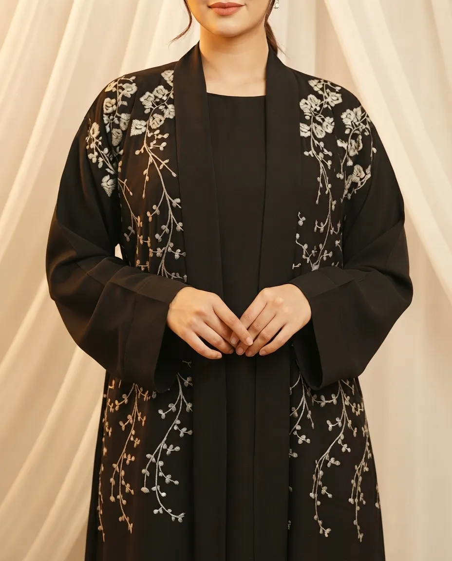 Black Fashion 3-Piece Premium Black Embroidered Abaya Set With Inner And Sheila