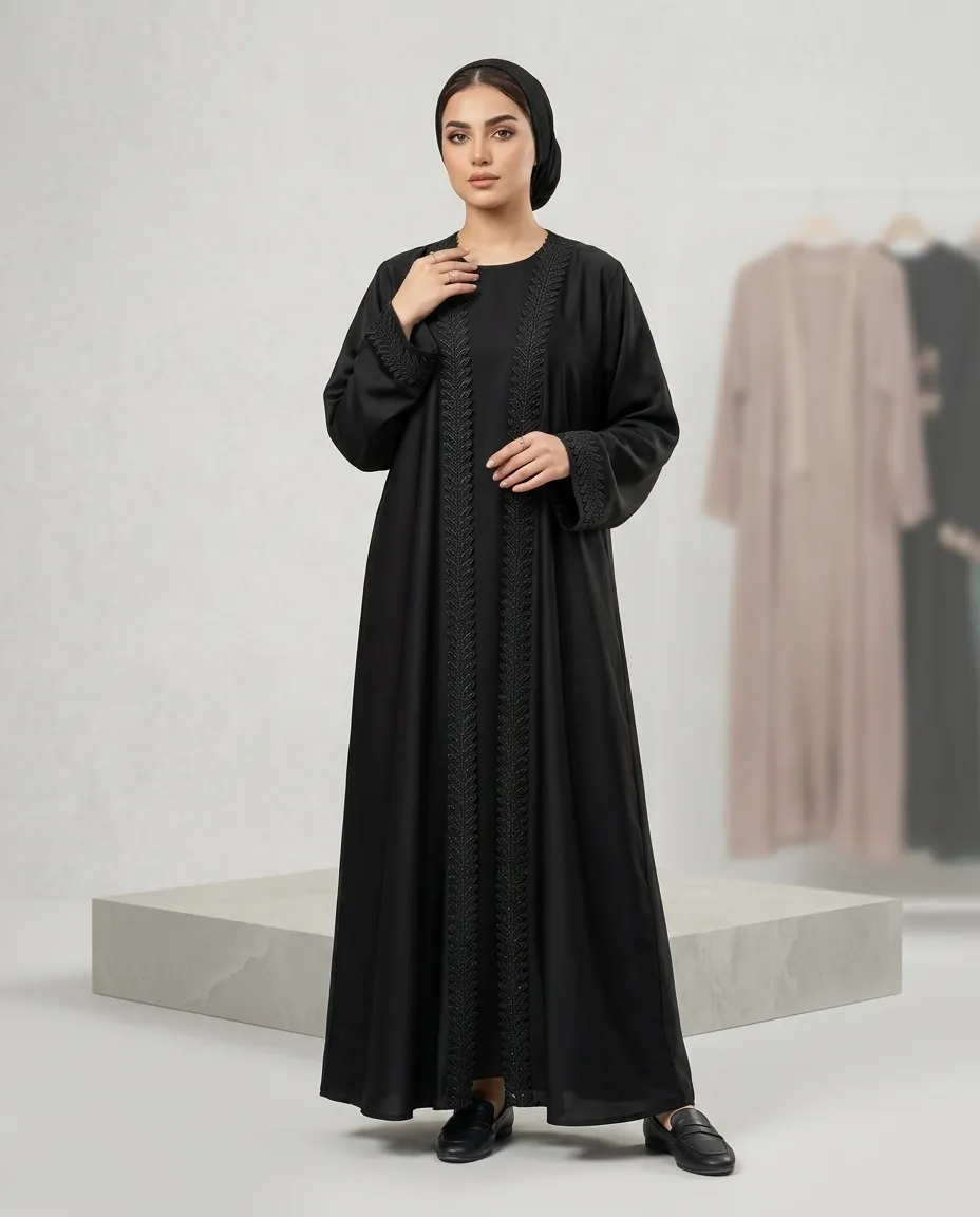 3 Pieces Elegant Black Dentelle Lace Open Abaya with Inner & Sheila Set
