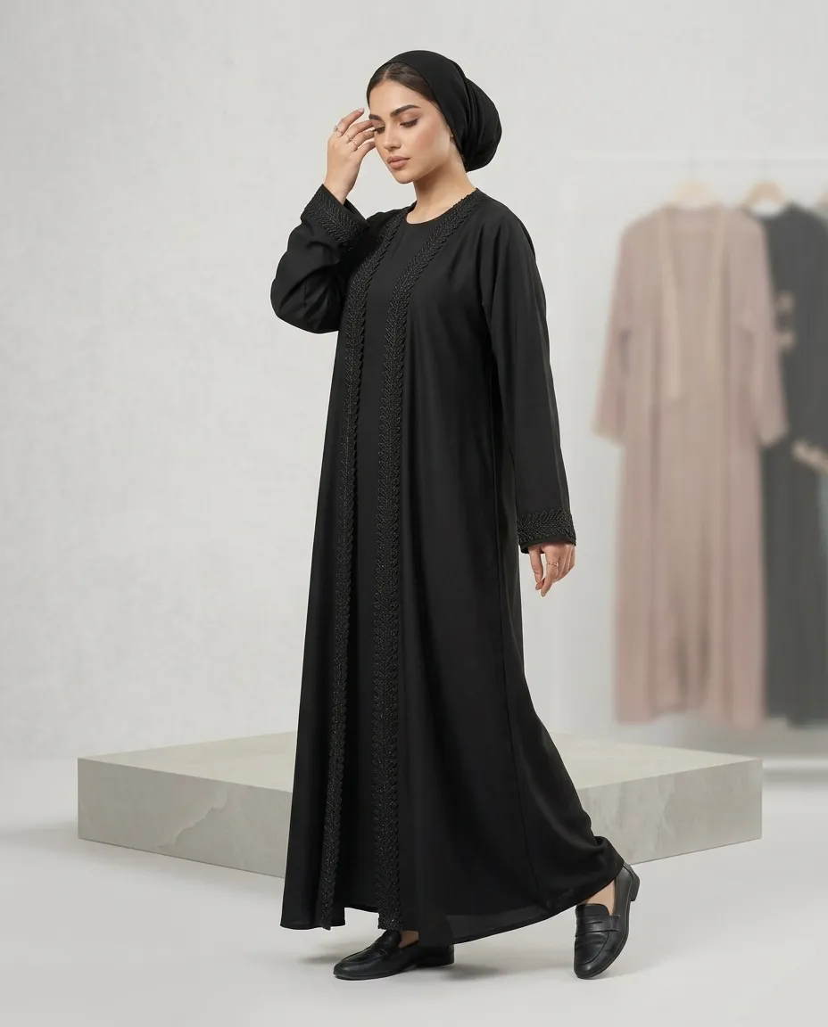 3 Pieces Elegant Black Dentelle Lace Open Abaya with Inner & Sheila Set