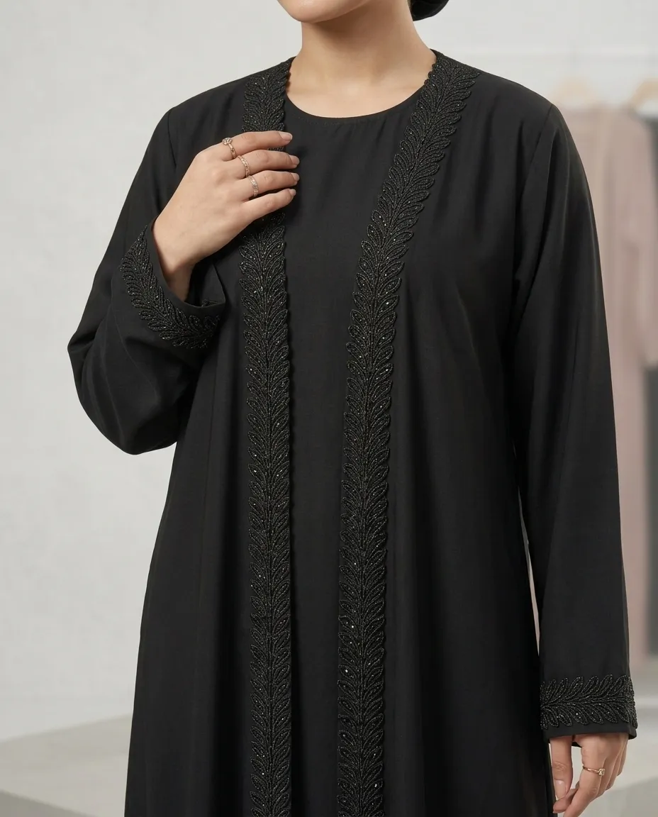 3 Pieces Elegant Black Dentelle Lace Open Abaya with Inner & Sheila Set