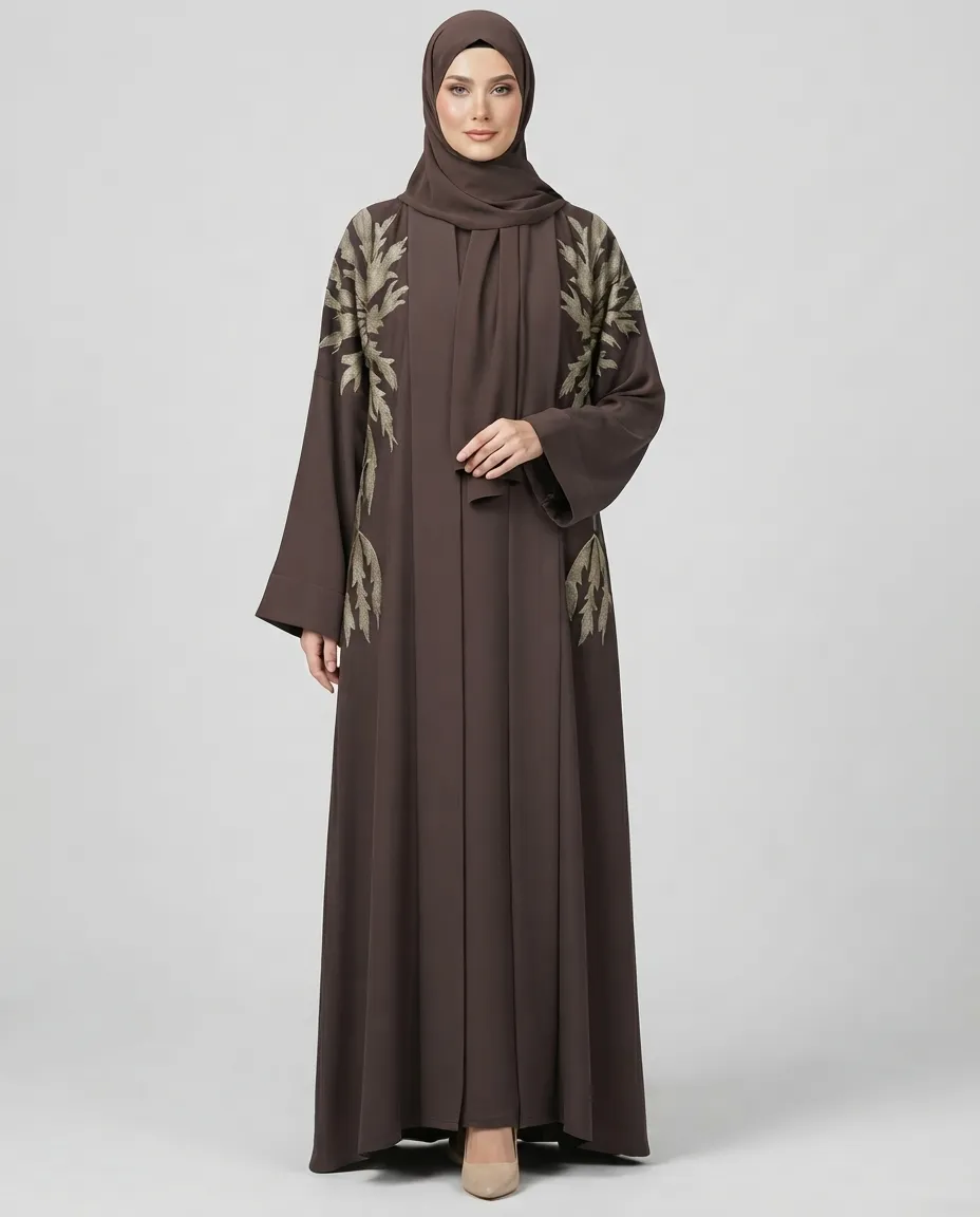 3-Piece Abaya Set with Inner And Sheila Leaf Embroidery - Coffee
