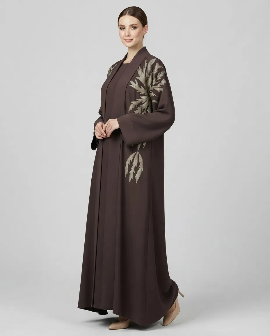 3-Piece Abaya Set with Inner And Sheila Leaf Embroidery - Coffee