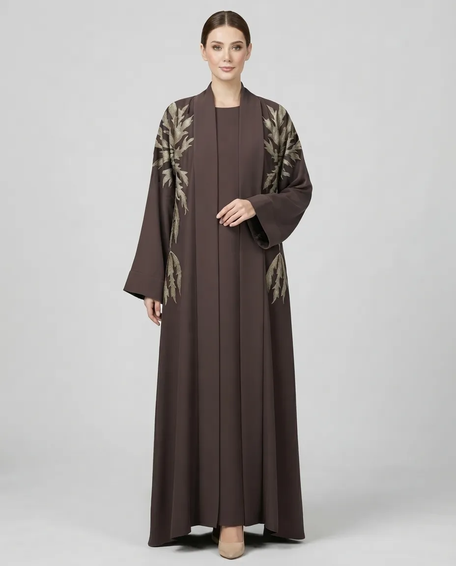 3-Piece Abaya Set with Inner And Sheila Leaf Embroidery - Coffee