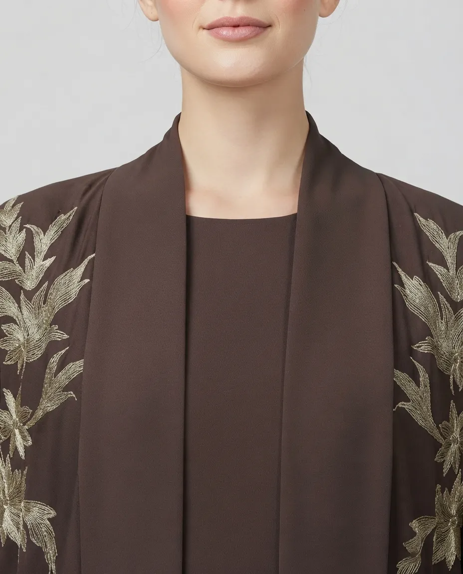 3-Piece Abaya Set with Inner And Sheila Leaf Embroidery - Coffee