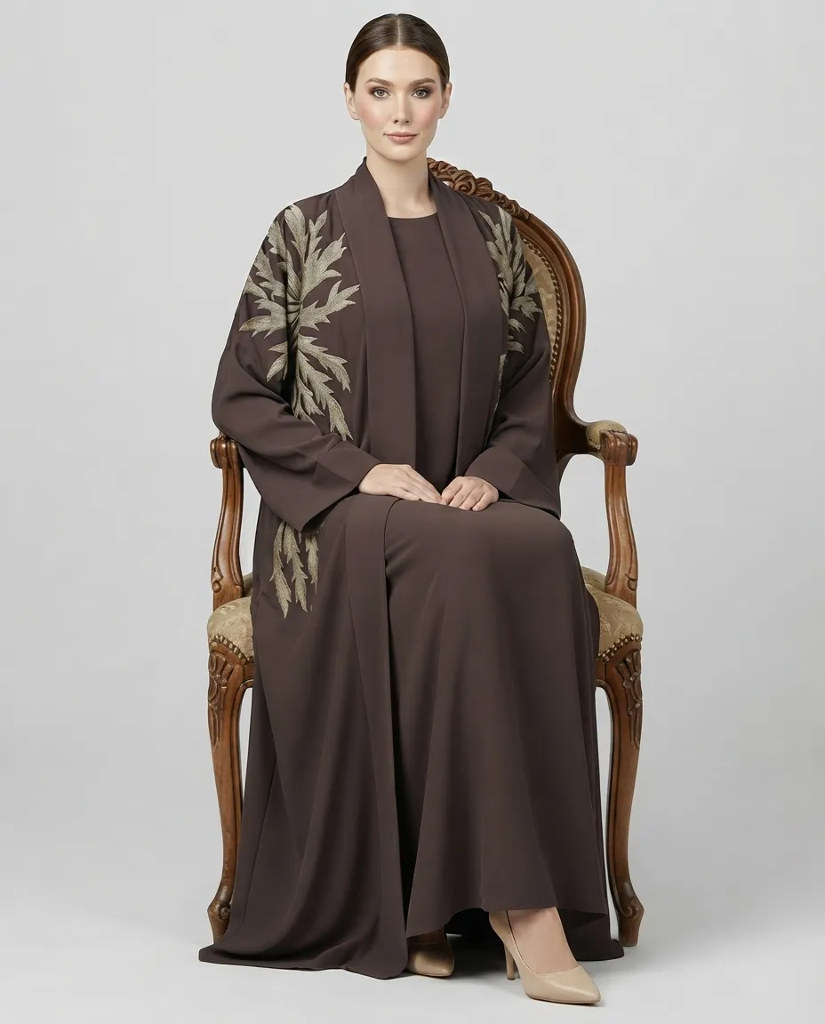 3-Piece Abaya Set with Inner And Sheila Leaf Embroidery - Coffee