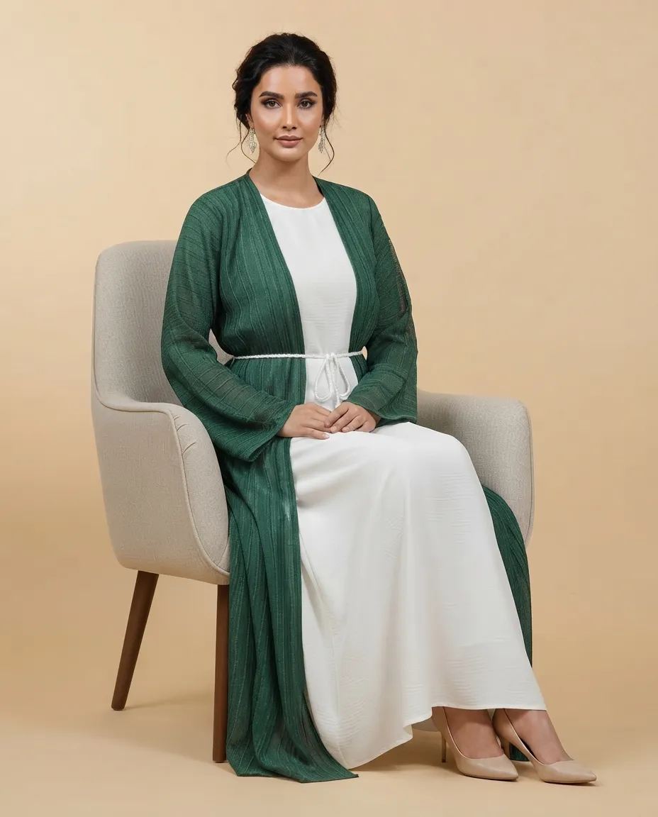 Green 3-Piece Vertical Dobby Stripe Women's Abaya Set With Inner And Sheila
