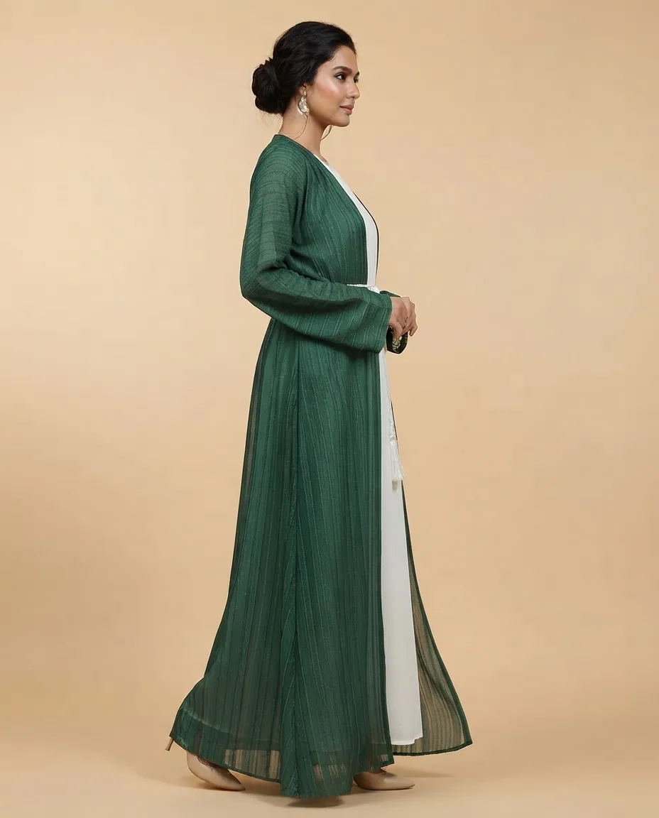 Green 3-Piece Vertical Dobby Stripe Women's Abaya Set With Inner And Sheila
