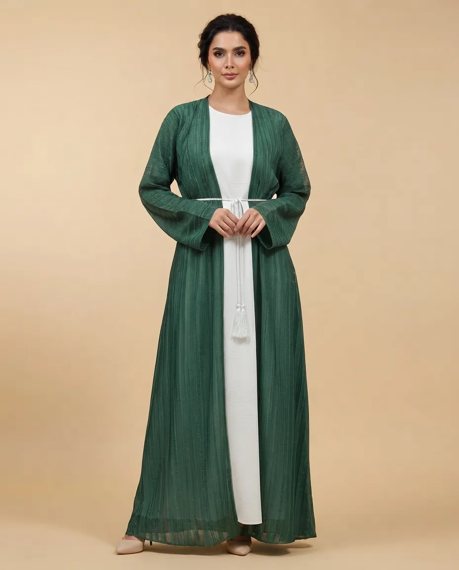 Green 3-Piece Vertical Dobby Stripe Women's Abaya Set With Inner And Sheila