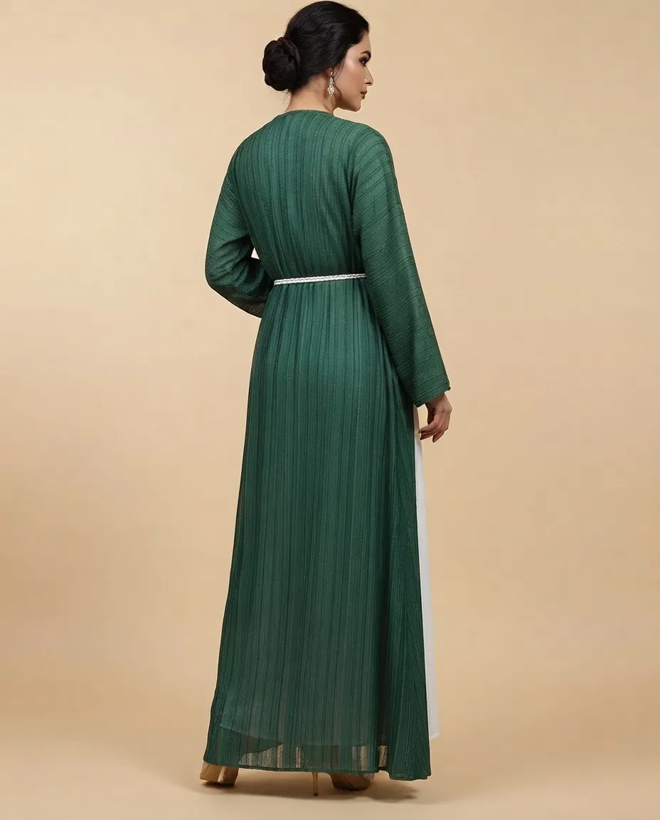 Green 3-Piece Vertical Dobby Stripe Women's Abaya Set With Inner And Sheila