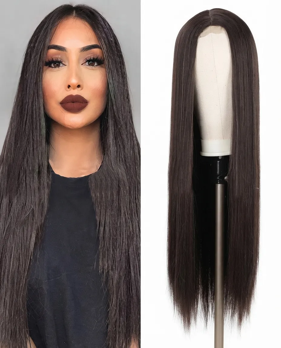 Realistic Straight Dark Brown Synthetic Hair Wig for Women – Easy Wear