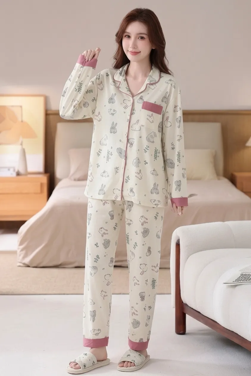 Two Pieces Top And Bottom Loungewear Womens Pajama Set