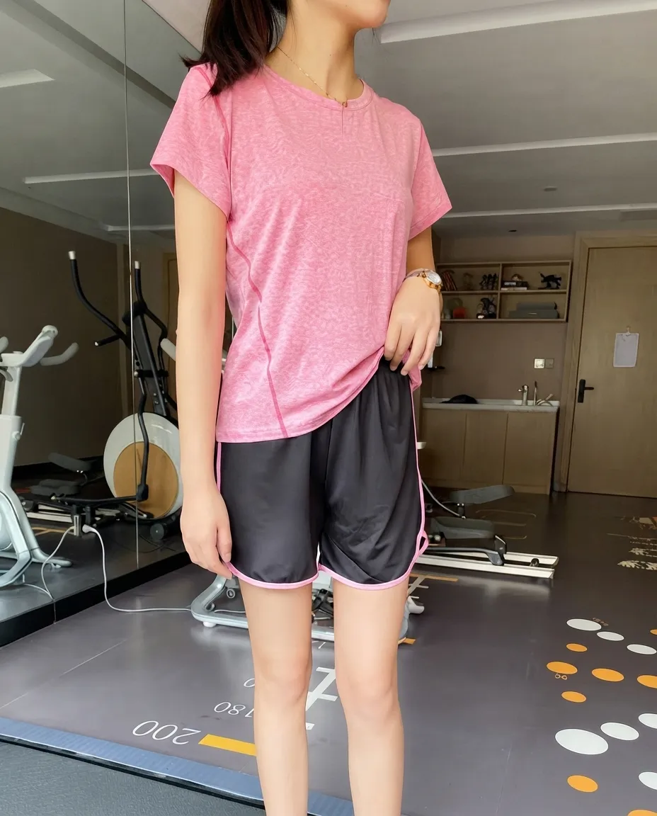 Pink Striped Workout Set For Women With Raglan Sleeves