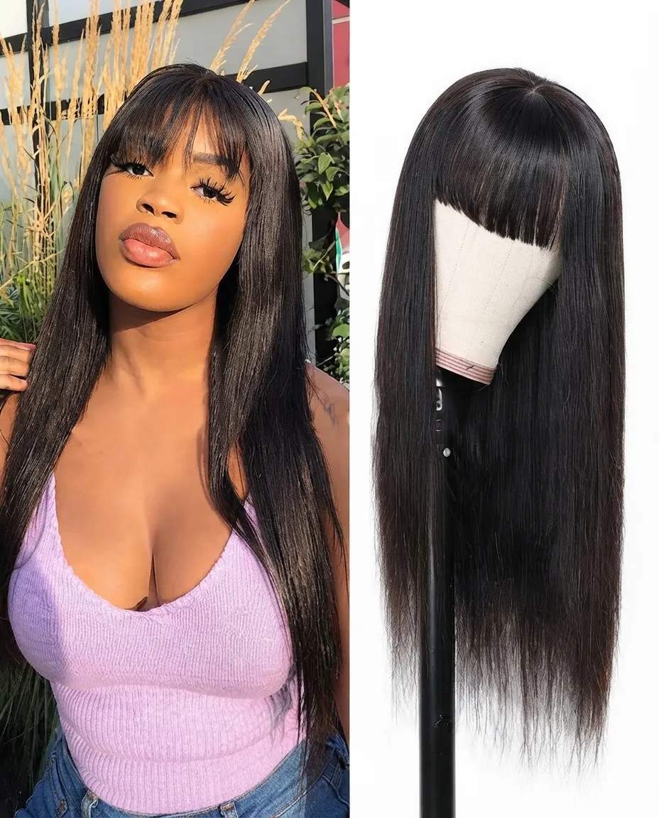 Long Straight Black Wig with Bangs – 16 Inches